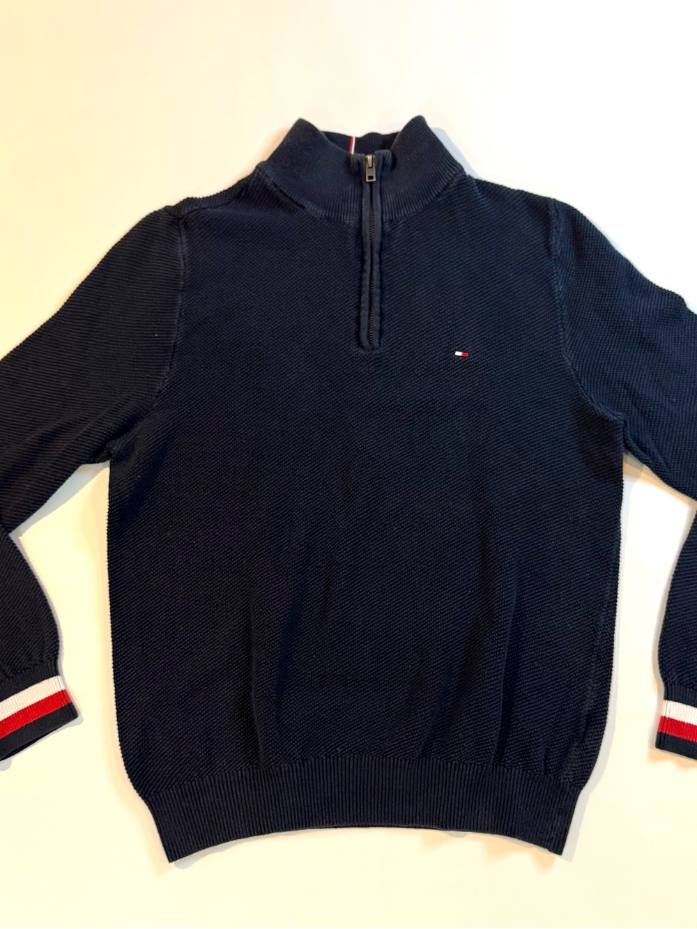 Tommy Hilfiger Men’s Navy Quarter-Zip Sweater with Stripe Cuffs Sz Medium
